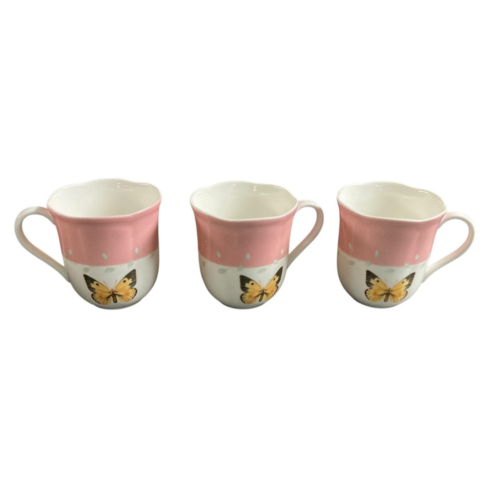 Lenox Coffee Mug Butterfly Meadow Pink Scalloped Edge 10oz Set of 3